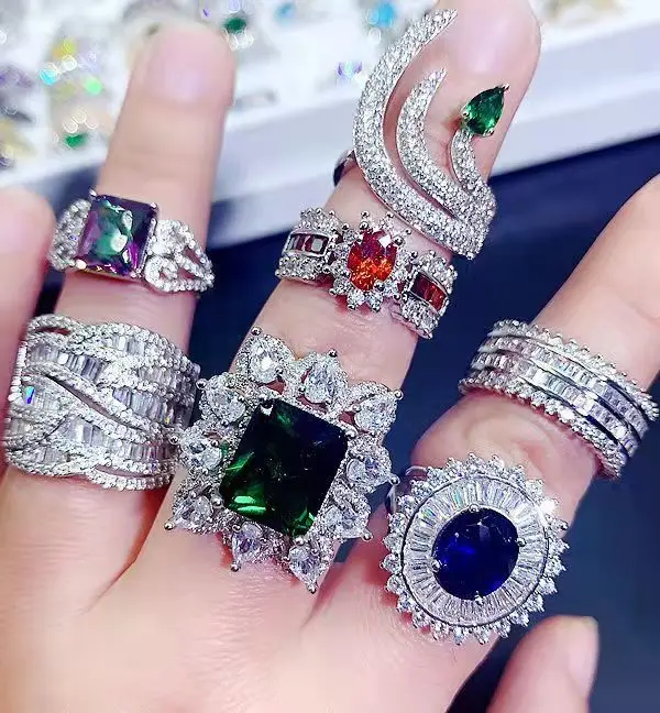 jewelry ring mixed wholesale crystal color zirconium ring heavy industry micro-inlaid S925 silver gemstone explosion ring