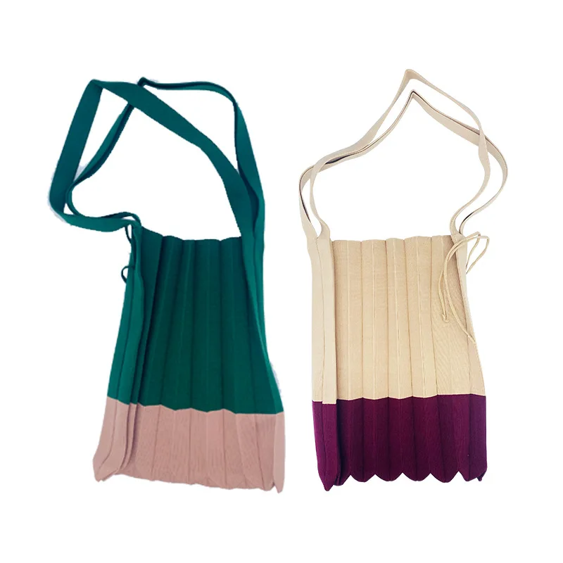 Casual design Contrasting colors knitted shopping bag Women knitting tote handbags ruched pleated bag expandable bags