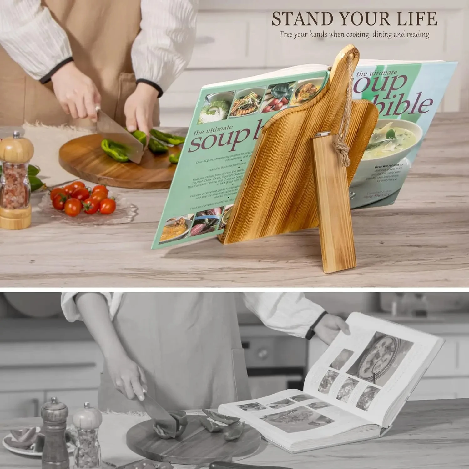 Bamboo Cookbook Stand Sturdy Cook Book Rack Recipe Book Holder with Measurement Conversion Chart Cookbook Stand for Kitchen