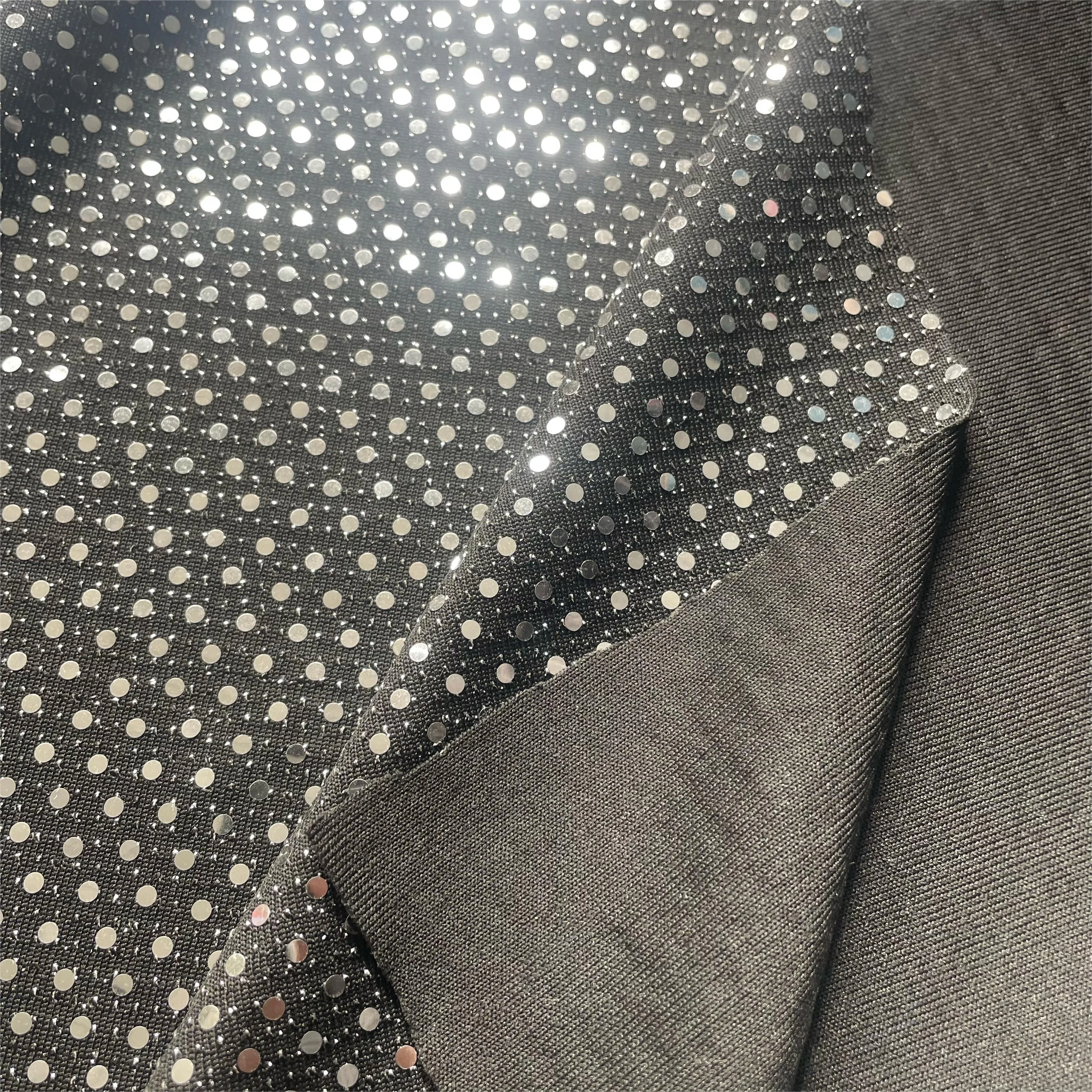 Fashion polyester wire sequins decal fabric dress flash stretch knit fabric laser polka dot perm women jacquard fabric
