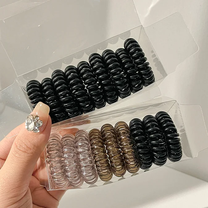 9PCS/BOX Telephone Wire Elastic Gum Rubber Band Bonytail Holders Women Spiraled Hair Ties Girls Hair Ring Rope Custom LOGO