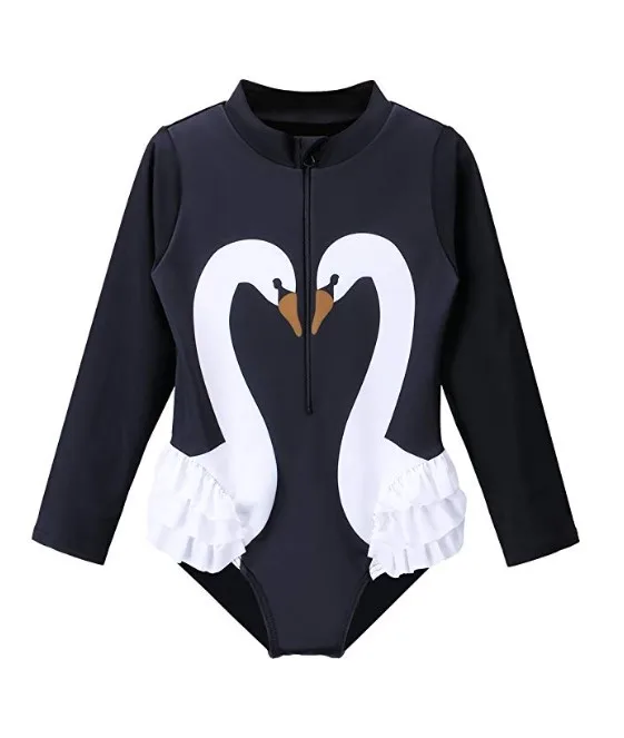 Kids Girls Rashguard Swimsuit UV 50+ Long Sleeve One Piece Black Swan  Swimwear 4-11Y