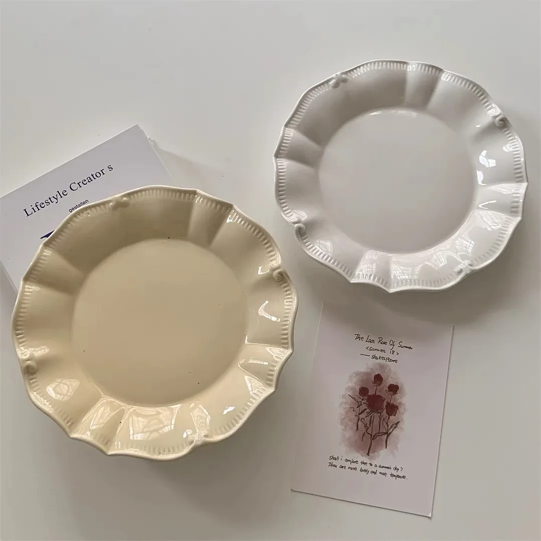 Korean Cream Style Ceramic Plate Cake Pasta Fruit Biscuit Plate Home Restaurant Hotel Dessert Shop Party Gift