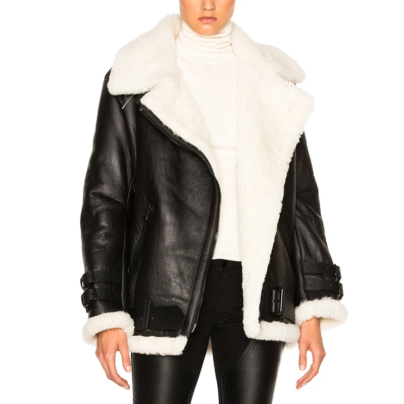 Wholesale Trendy Winter Faux Fur Shearling Coat Fur Lining Women Leather Coat