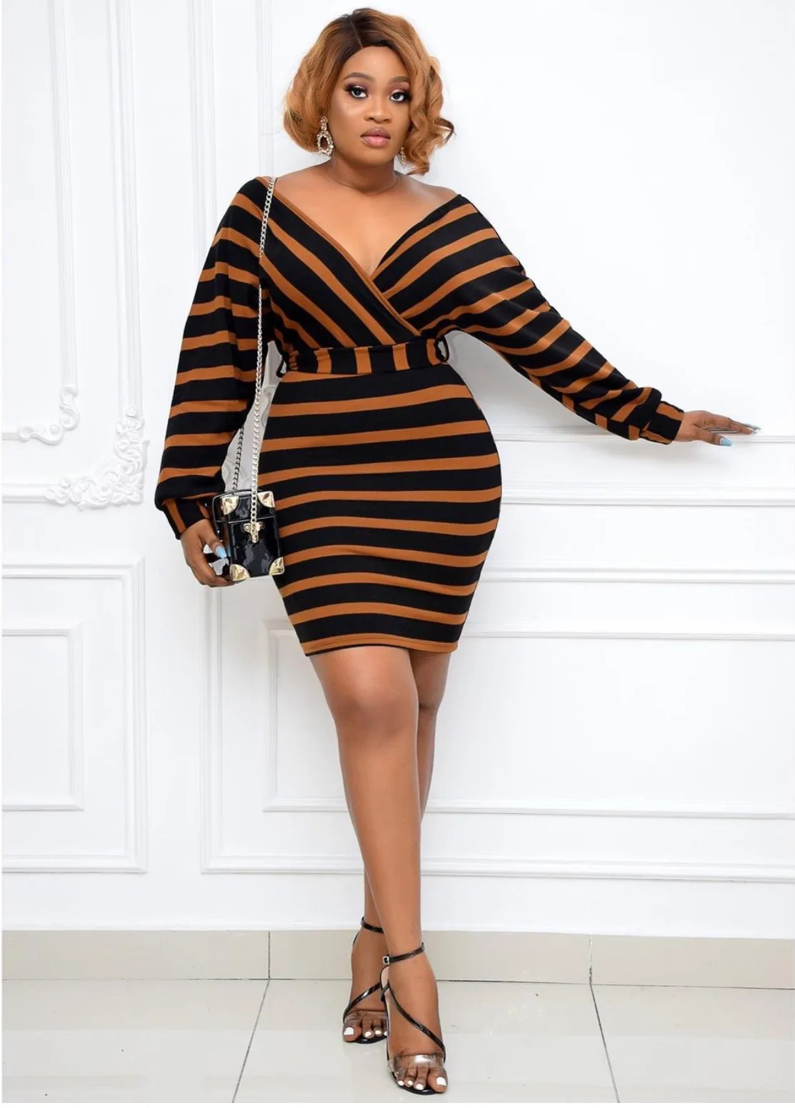 Womens Casual fall clothing 2021 Best-selling with belt stripe V neck office sexy women fashion plus Size Dress