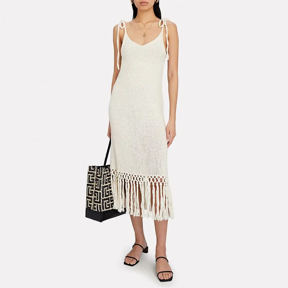 White Fringed Cotton Midi Dress Custom Fashion Lady Elegant Summer Girls Casual Womens Dresses Knitting Dresses