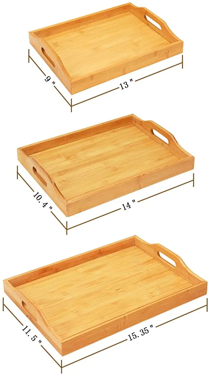 
Serving Tray with Handles - Wood Bamboo Trays for Food Breakfast Dinner Party,Tea Coffee Table Tray Set of 3 