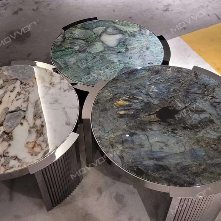 New collection stainless steel high gloss finishing round luxury natural marble stone top coffee table set for modern furniture
