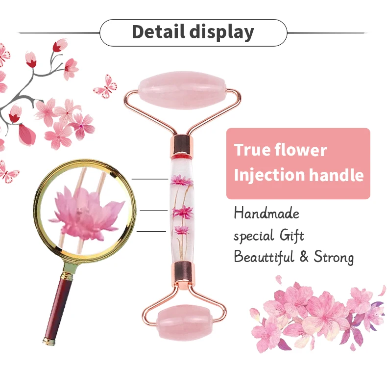 
Anti-aging treatment flower Handle Rose Quartz Pink Jade Roller massage natural jade roller facial massage 