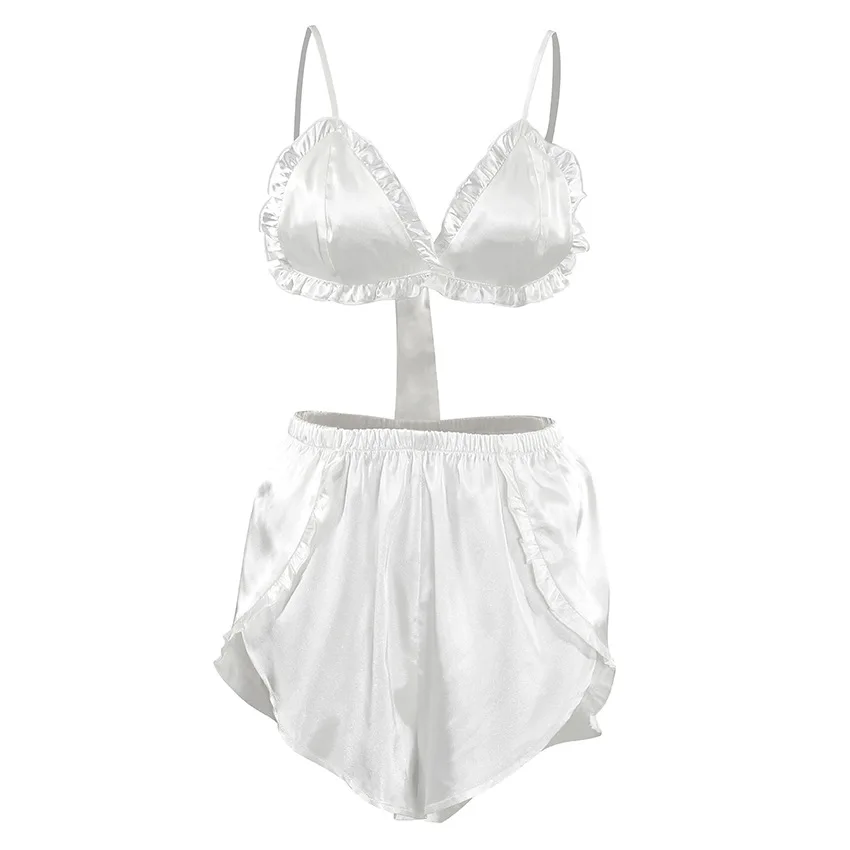 New Arrival Sexy Pajamas Summer Ice Silk Camisole Ladies Pajamas Lace Camisole Bra Crop Top Shorts