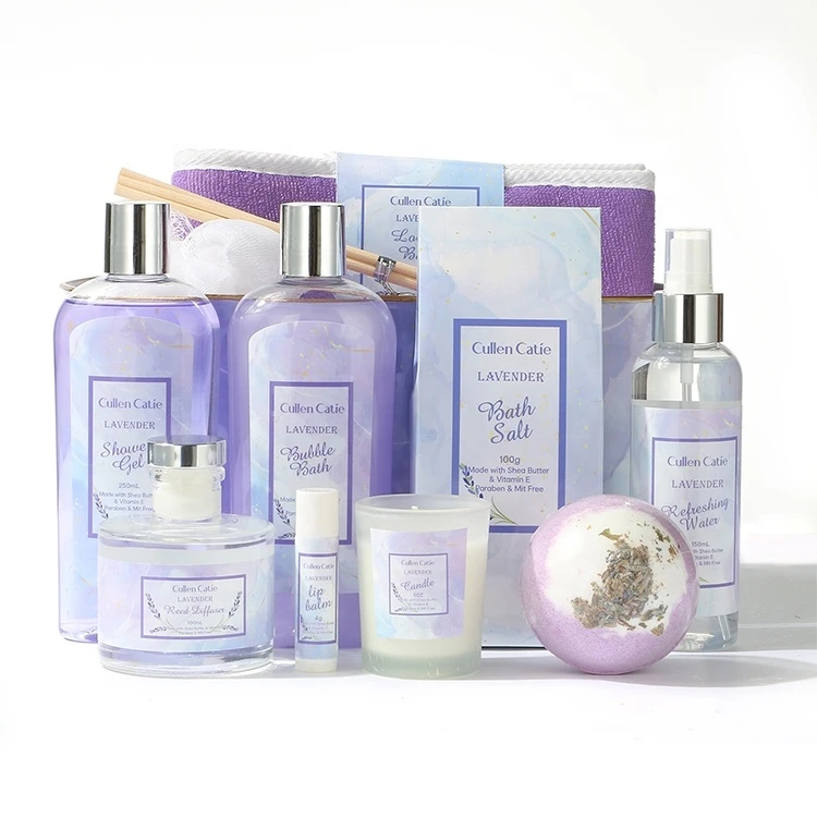 Wholesale shower gel body scrub works bath spa self care gift set luxury basket bath supplies lavender scent private label women