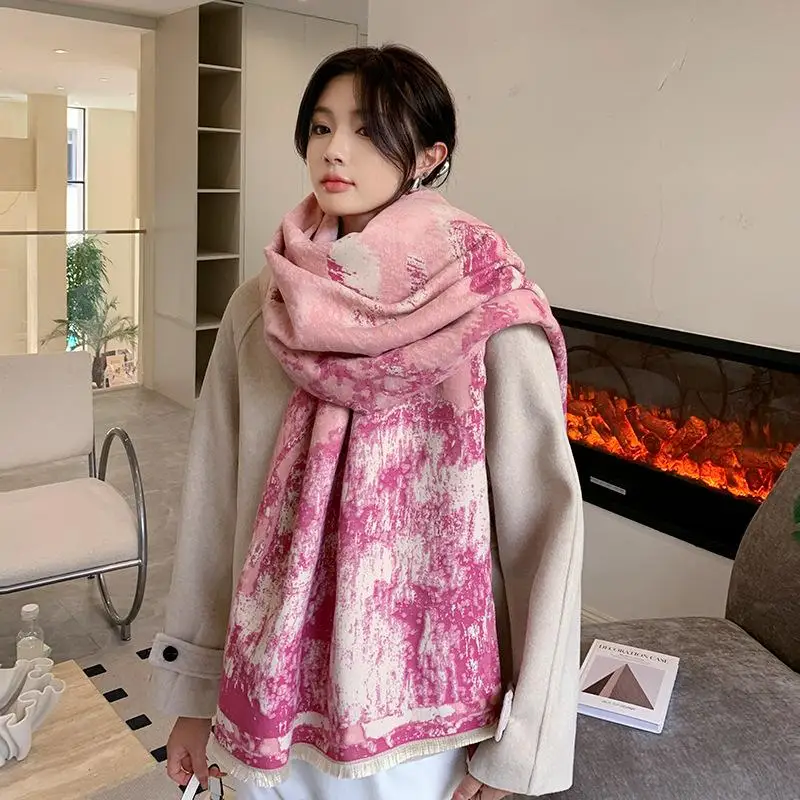 Autumn and winter Korean version of high painting style all warm shawl printed imitation cashmere floral scarf