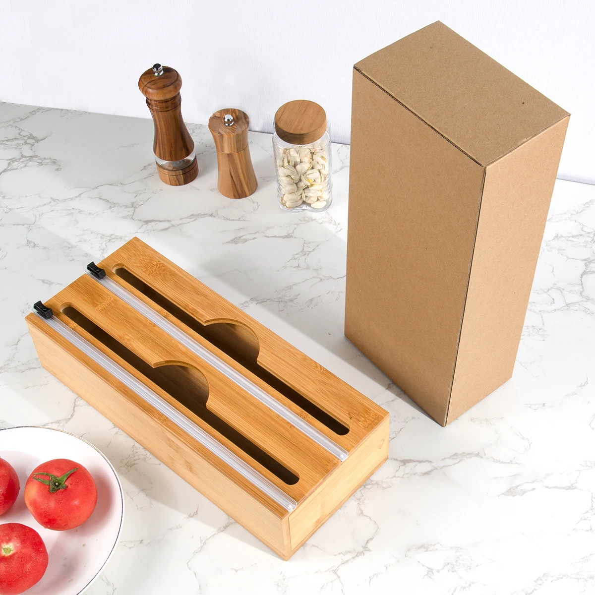 Wholesale Bamboo Aluminum Plastic Wrap Organizer and Tin Foil Dispenser with Cutter and Roller Foil