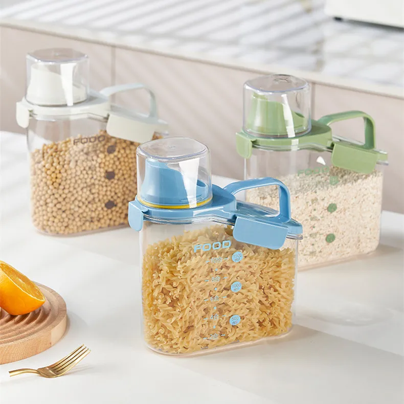 Transparent Cereal Tank with Measuring Cup Grain Container Household Food Storage Bin Flour Container