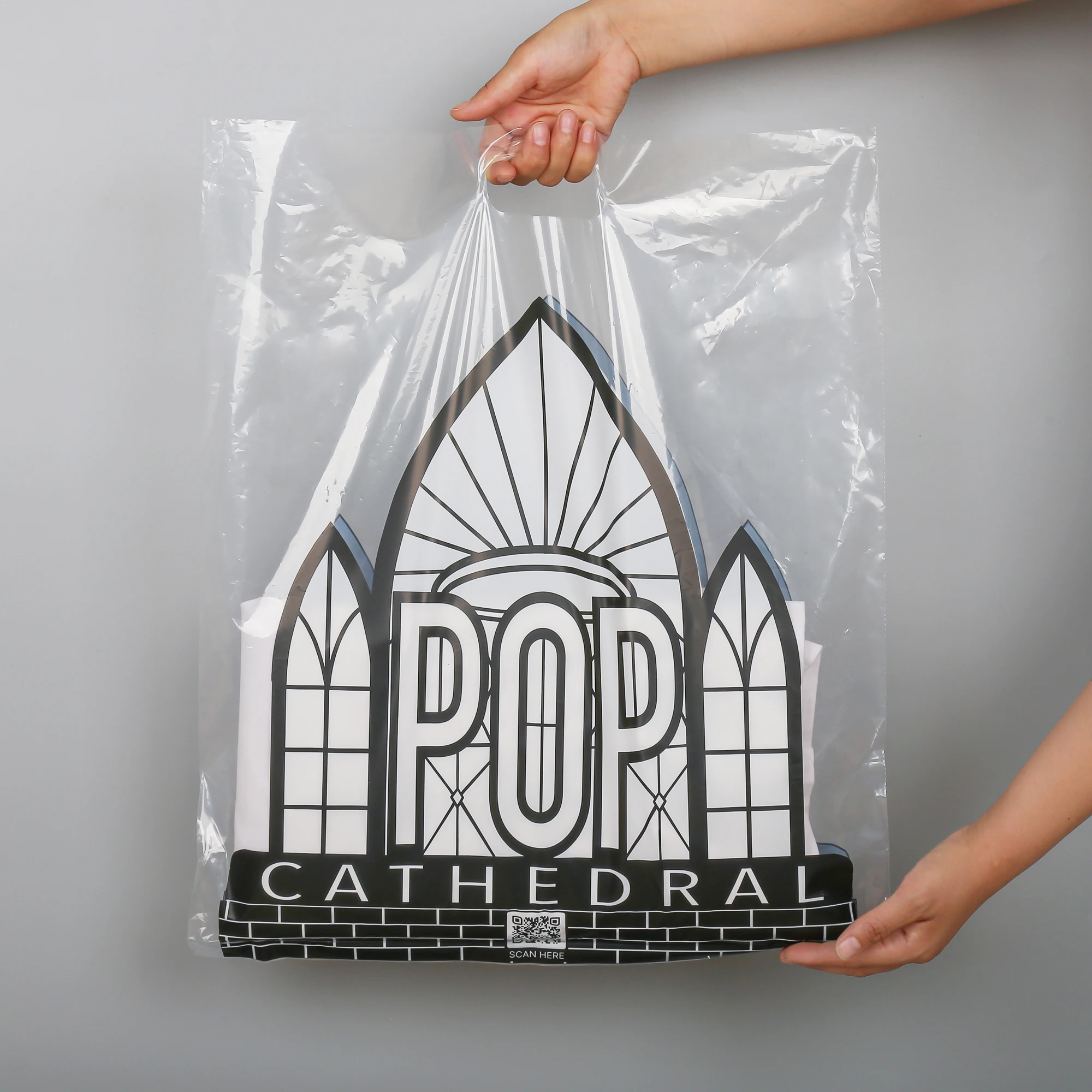 Custom Clear transparent Merchandise Plastic Bags logo with Die Cut Handles Bulk Retail Bags for Small Business shopping bag