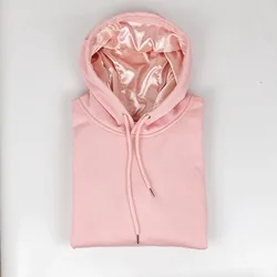 Top quality customized embroidery hoodie satin lined hood Kangaroo Pocket Fleece Pull Over split satin lined hoodie sets