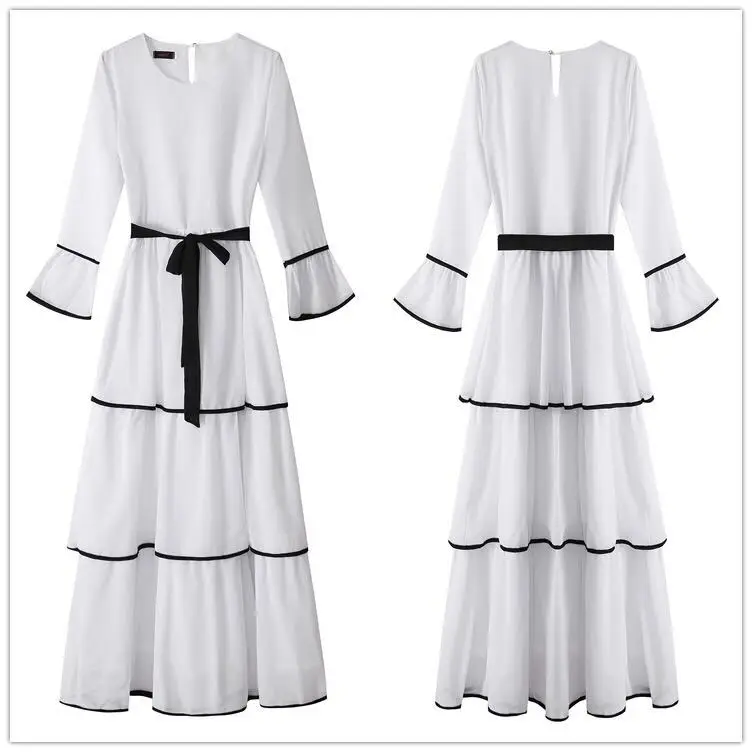Arabian Women Robe Dress Long Skirt Islamic Clothing Muslim Fashion Gown Cake Layer Women Black and White Abaya Dress