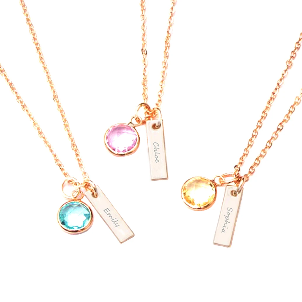 18 inches Personalized Pendant Necklace in Stainless Steel 12 Colors Birthstone Charm and Bar Pendant with Name or Saying