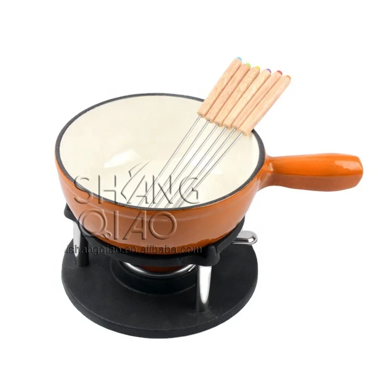 7 inch Enameled cast iron Chocolate Fondue Pot With 6 Fondue Forks Cheese Fondue Set