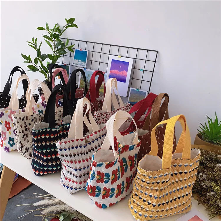 South Korea Ins Small Fresh Cute Small Cloth Bag Female Wrinkled Cloth Printed Handbag Bento Bag Wholesale