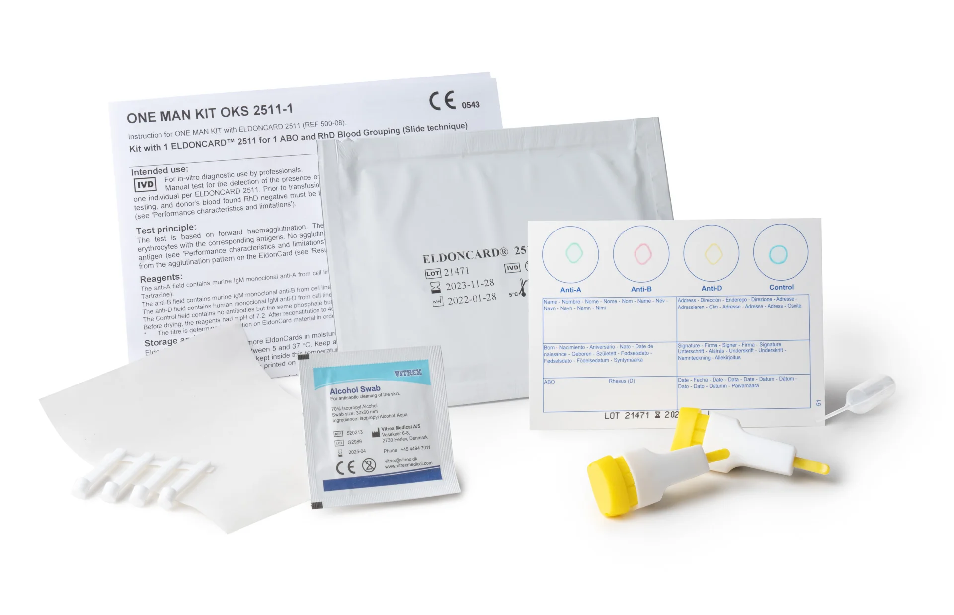 One Man Kit POC medical device to efficiently and quickly determine AB0 and Rhesus blood types made in Denmark