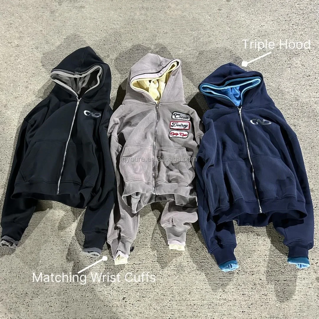 QYOURECLO Custom Logo Fleece Cotton Oversized Zip Up Triple Wrist Cuffs Mens Embroidery Patch Triple Hood Hoodies