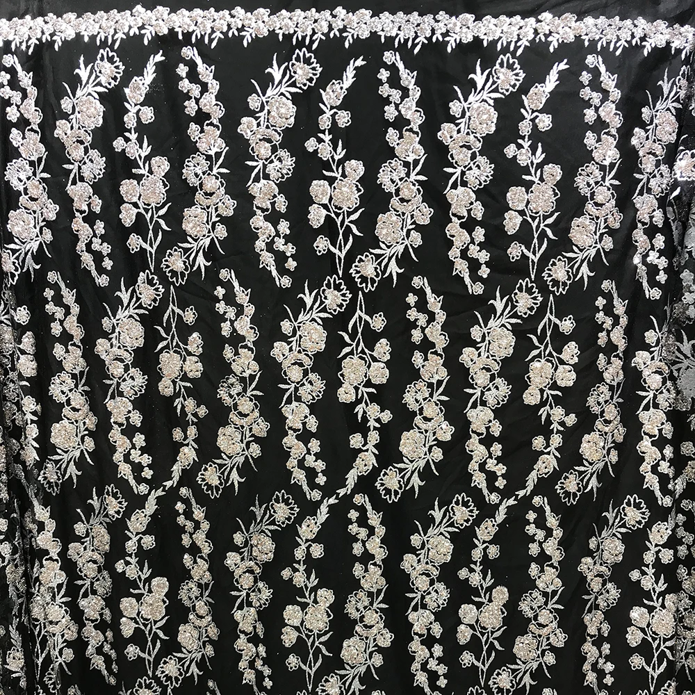 Wholesale Black African French Net Tulle Mesh Glitter Rhinestone Lace Fabric Shiny Flower Sequence Evening Dress Sewing Material
