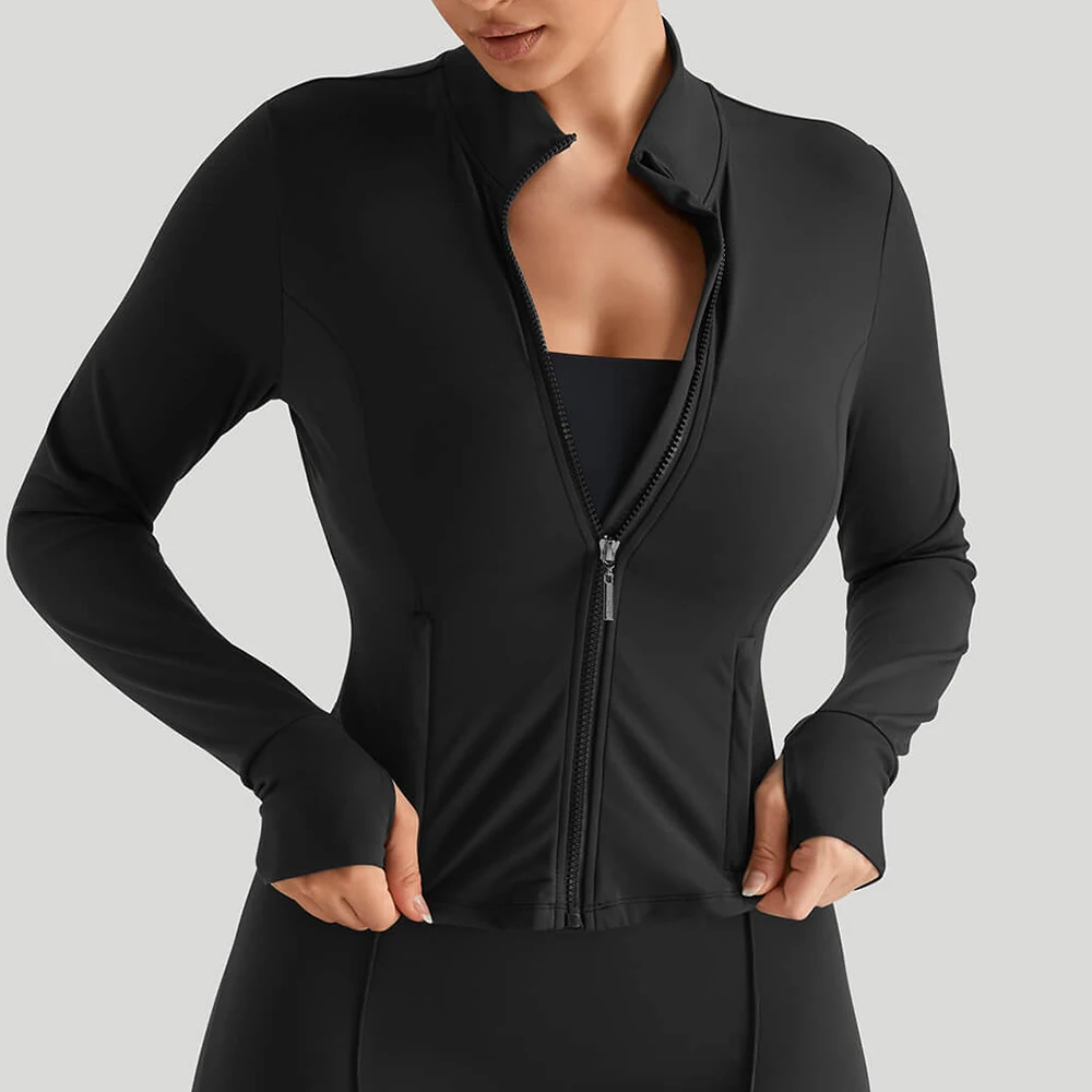 Hot Selling Yoga Sports Coat Yoga Workout Top Wear Women Stretchy Fabric Long Sleeve Full Zip Up Thumb Hole Sport Jacket