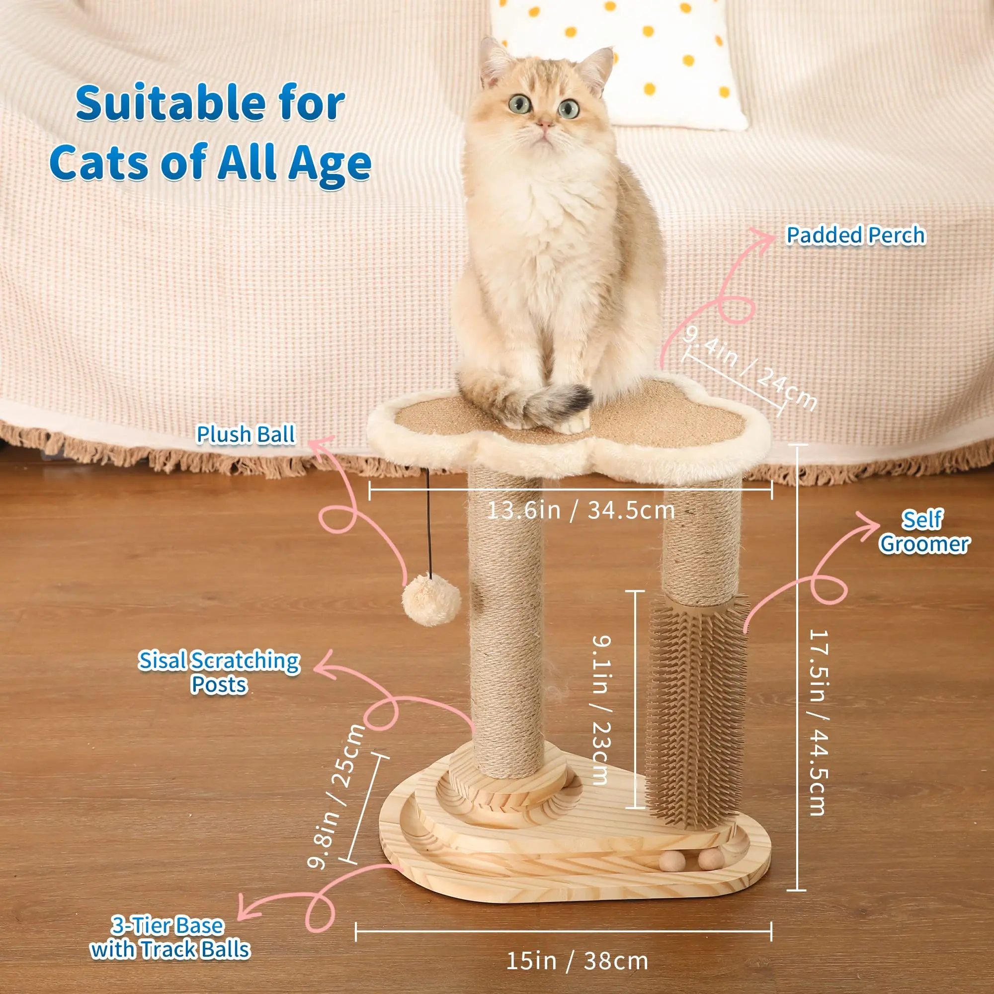 Sustainable Wood Cat Scratching Post with Trackball & Hair Brush Interactive Indoor Cat Self-Groomer & Toys
