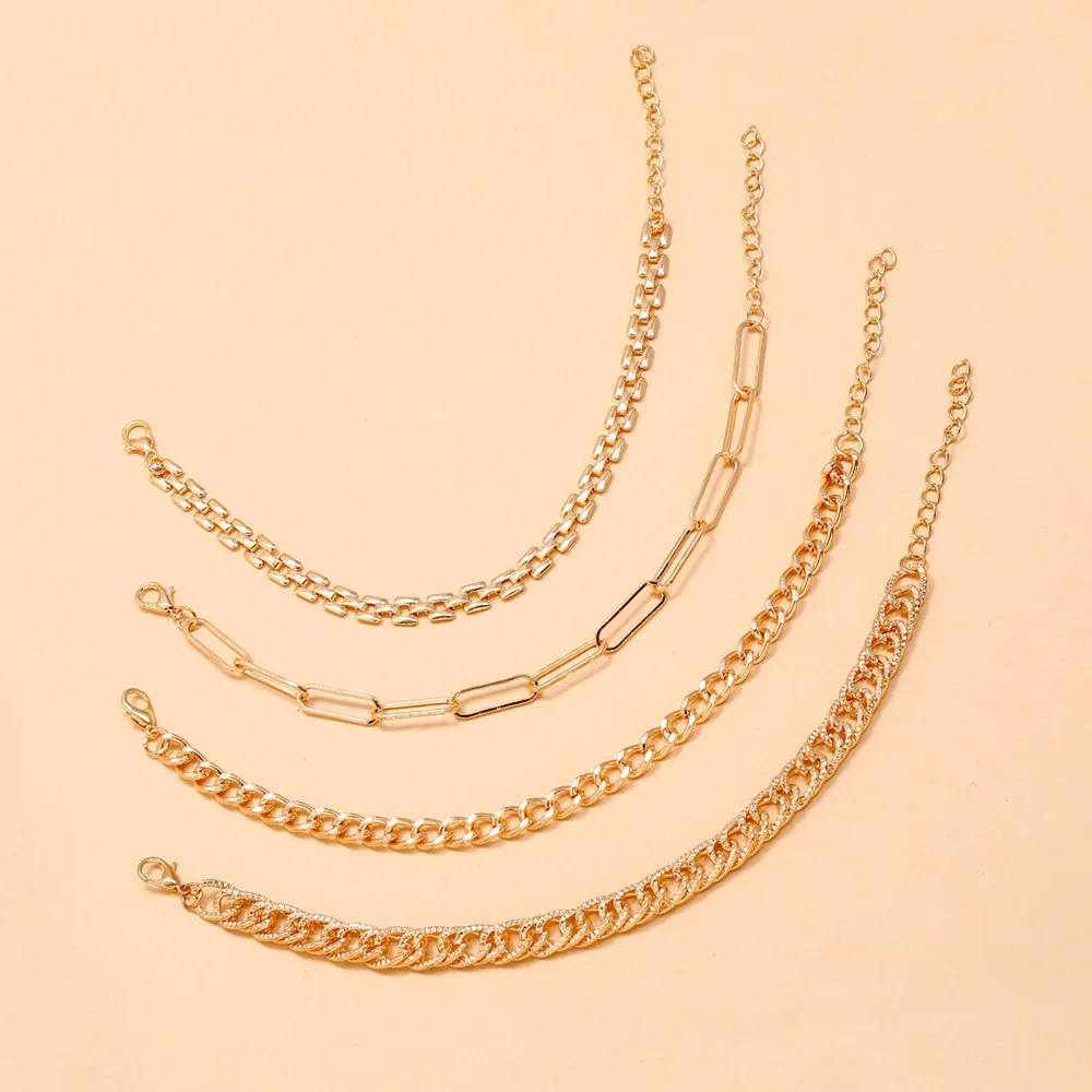 Go Party Fashion Jewelry Anklets 4Pcs Set Cuba Link Chain Anklets Foot Jewelry Alloy Watch Chain Tennis Chains Anklet For Women