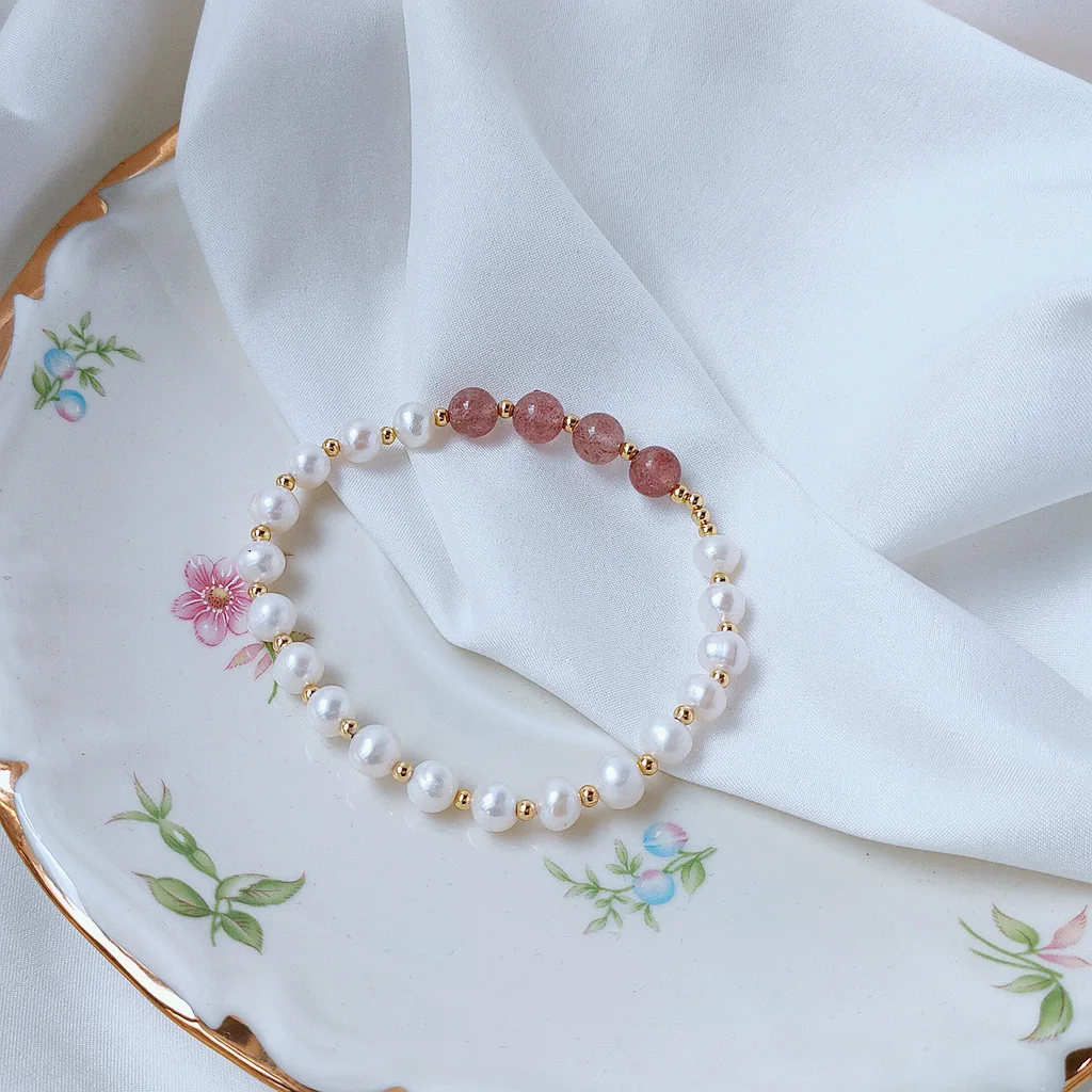 Natural fresh water pearl strawberry crystal joker elastic thread adjustable bracelet for women