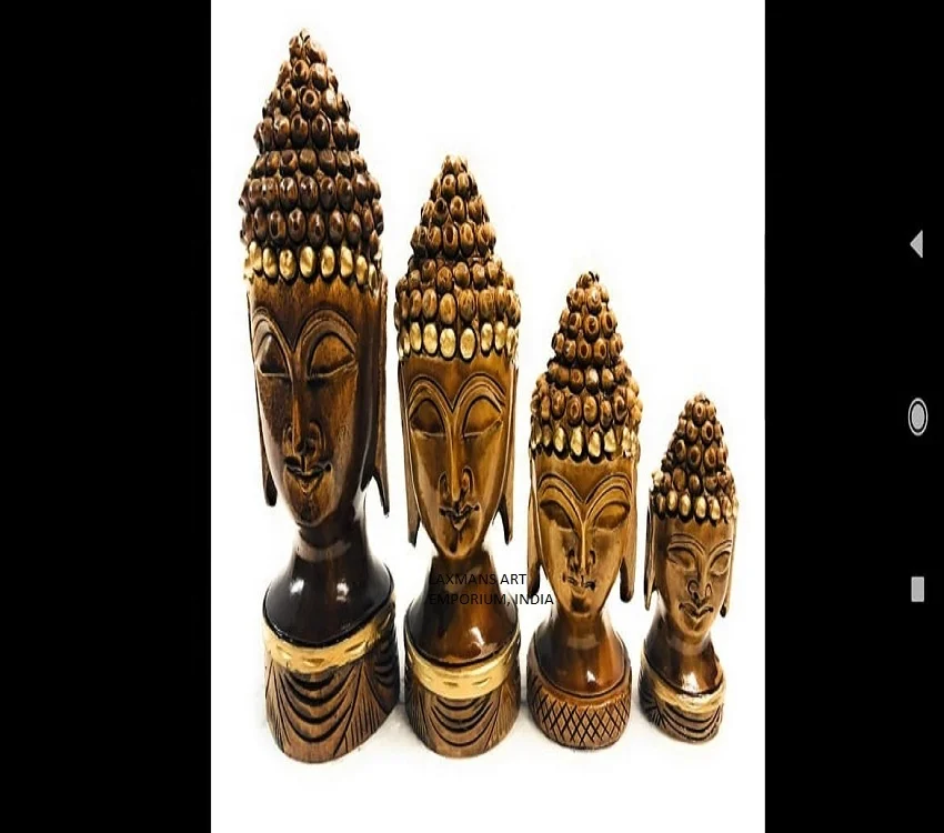 Decorative Hand Carved Wooden Lord Buddha Head Statues Set Of 4 For Wholesale Export From India