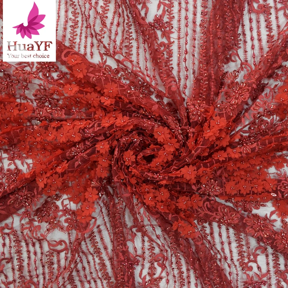 2020 Ready Stock dubai fabric importers Red luxury embroidered dress fabrics 3d flower lace wholesales HY1270