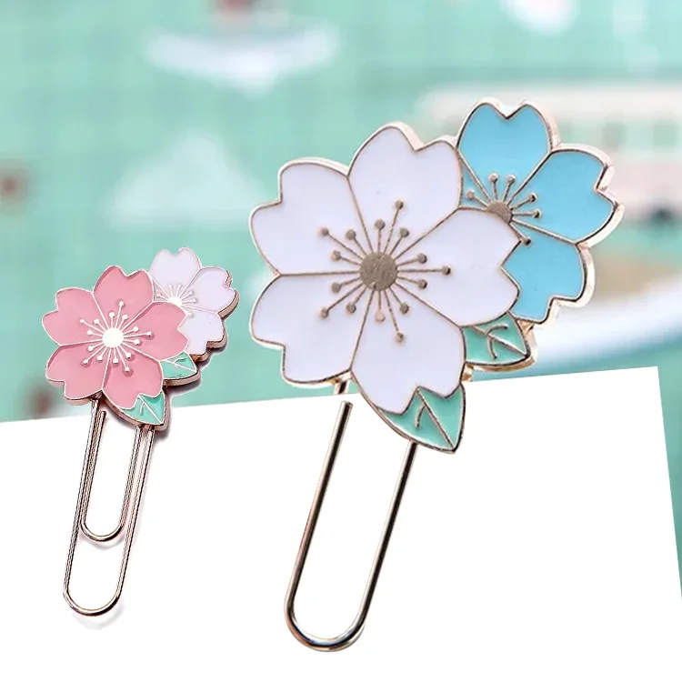 Custom Cherry Blossom Paper Clip Metal Enamel Flower Bookmarks For Binder Clips Photos Tickets Holder Documents Letter Clamp