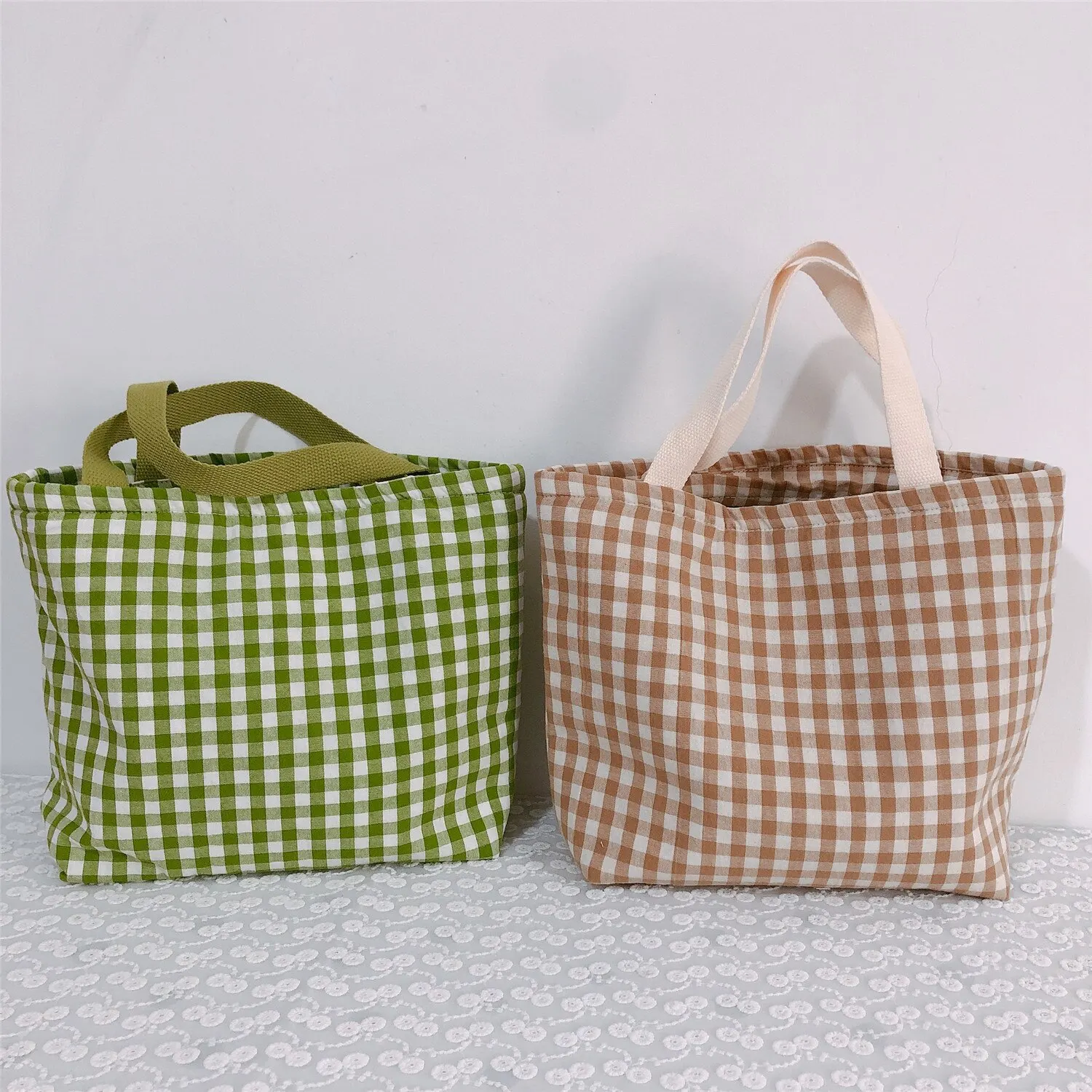 Top sale custom logo plaid pattern multi-color eco-friendly top zipper tote shopping bag cotton