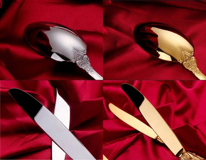 18/10 stainless steel cutlery set golden luxury elegant flatware spoons forks and knives for events