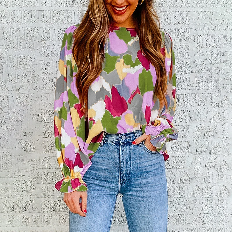 Wholesale Fashion Casual Print Shirts Blouses Women Long Sleeve Tops Shirts For Women