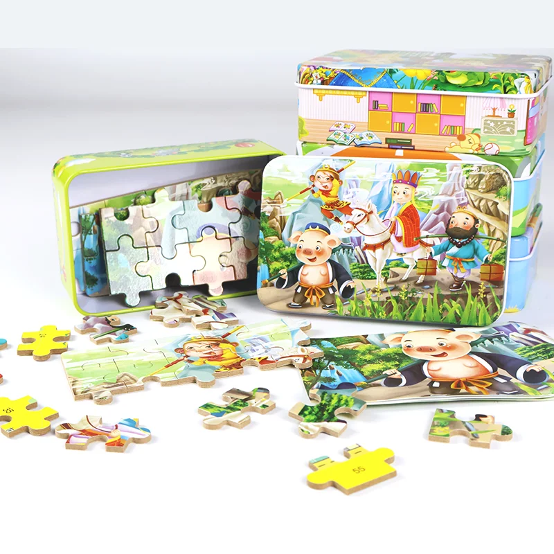 Wholesale 60 Pieces Cartoon Wooden Puzzle Early Educational Iron Box Jigsaw Puzzles Game toy for children