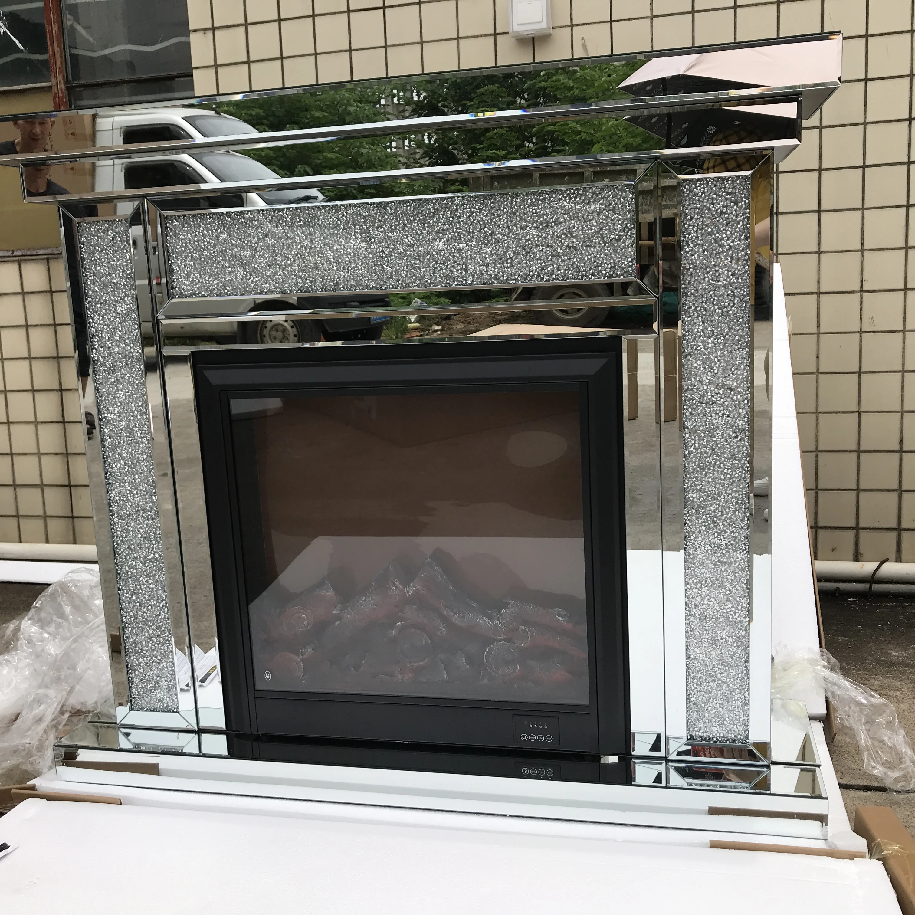 New Mirror Silver Mirrored Electric Fireplace Media Console TV Stand