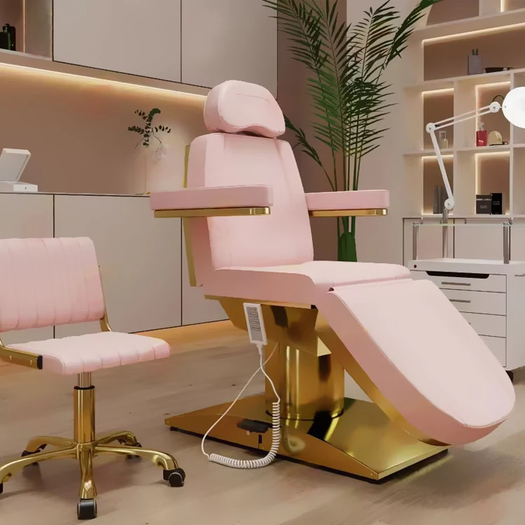Modern pink leather automatic esthetician chair bed 4 motor adjustable reclining massage table with chair