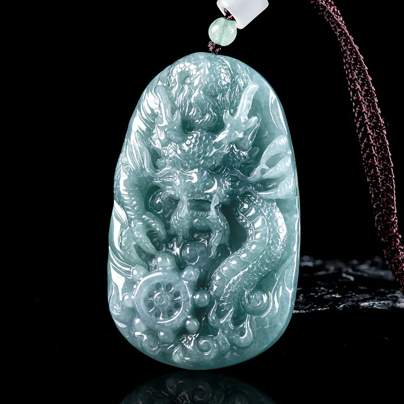Jade Dragon Pendant Natural Myanmar Blue Burmese Jade Dragon Jadeite Jewelry Making Pendant Chinese Classical Rope Necklace