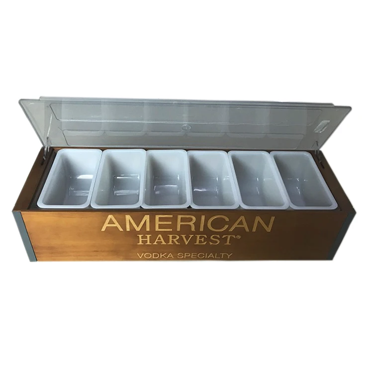 Rectangular Wooden Bamboo Storage Box with Ice Chamber Condiment Tray Caddy Holder for Kitchen Dining Lacquer Technics Food Use