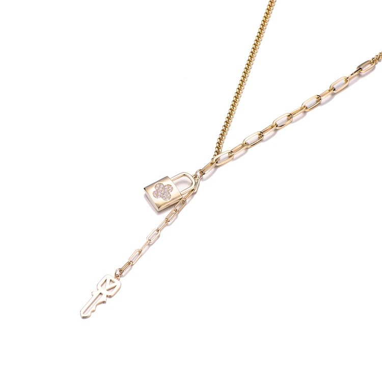 
Womens Fashion Accessories Lucky Charm Necklace Jewelry 14K Gold Plated Lock and Key Necklace 