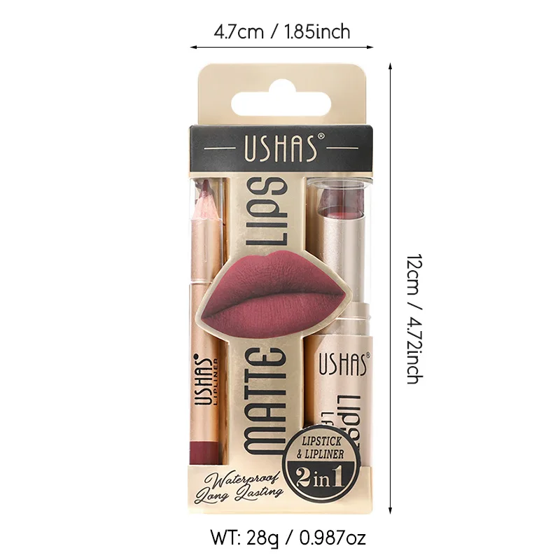 USHAS 2 in1 Matte Lipstick Lip Liner Kit 12 Colors Non-stick Cup Long-lasting Waterproof Nude Lipstick