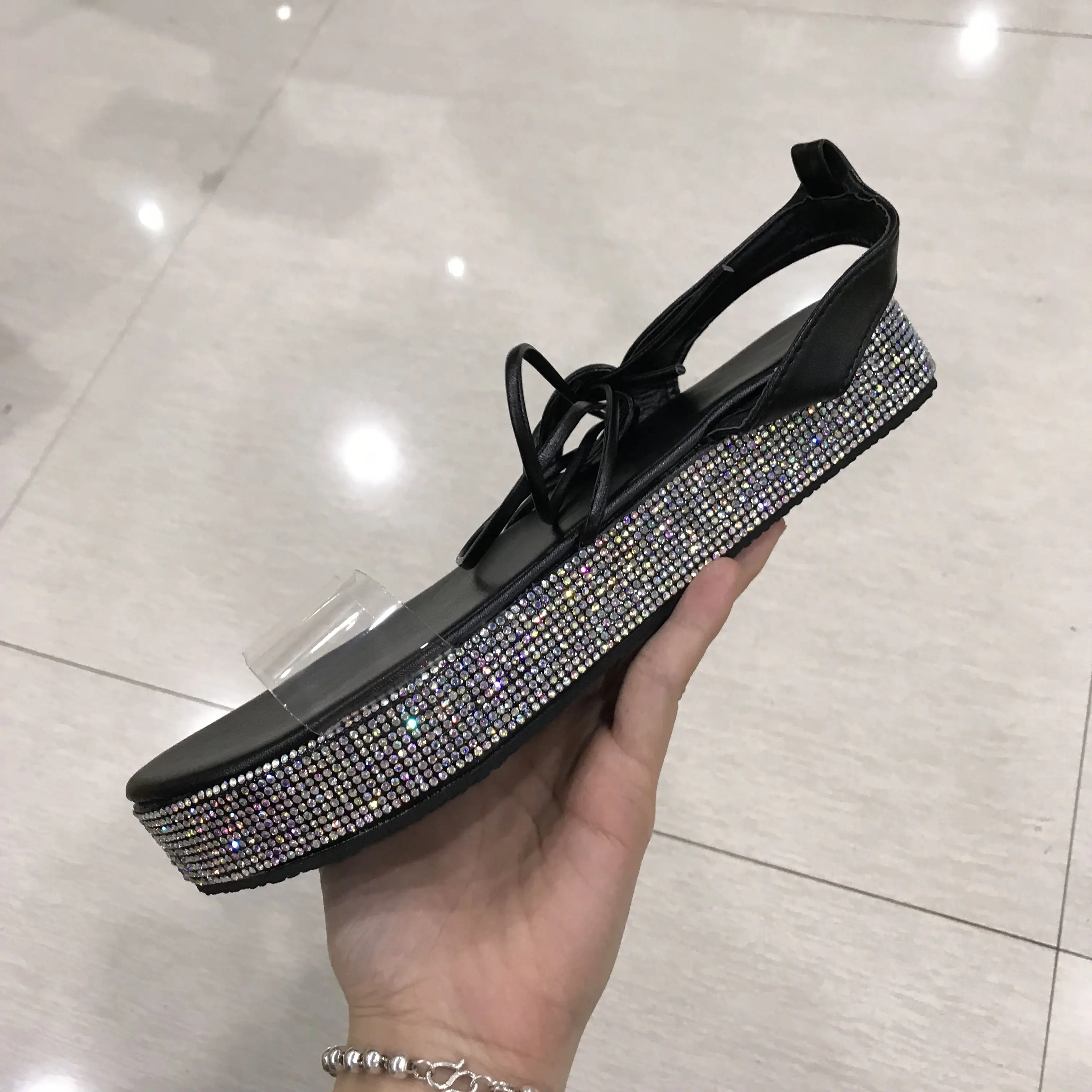 
Summer Women Lace Up Rome Platform Beach Thick Bottom Crystal Shoes Casual Bling Bling Rhinestones Flat Slippers Sandals 