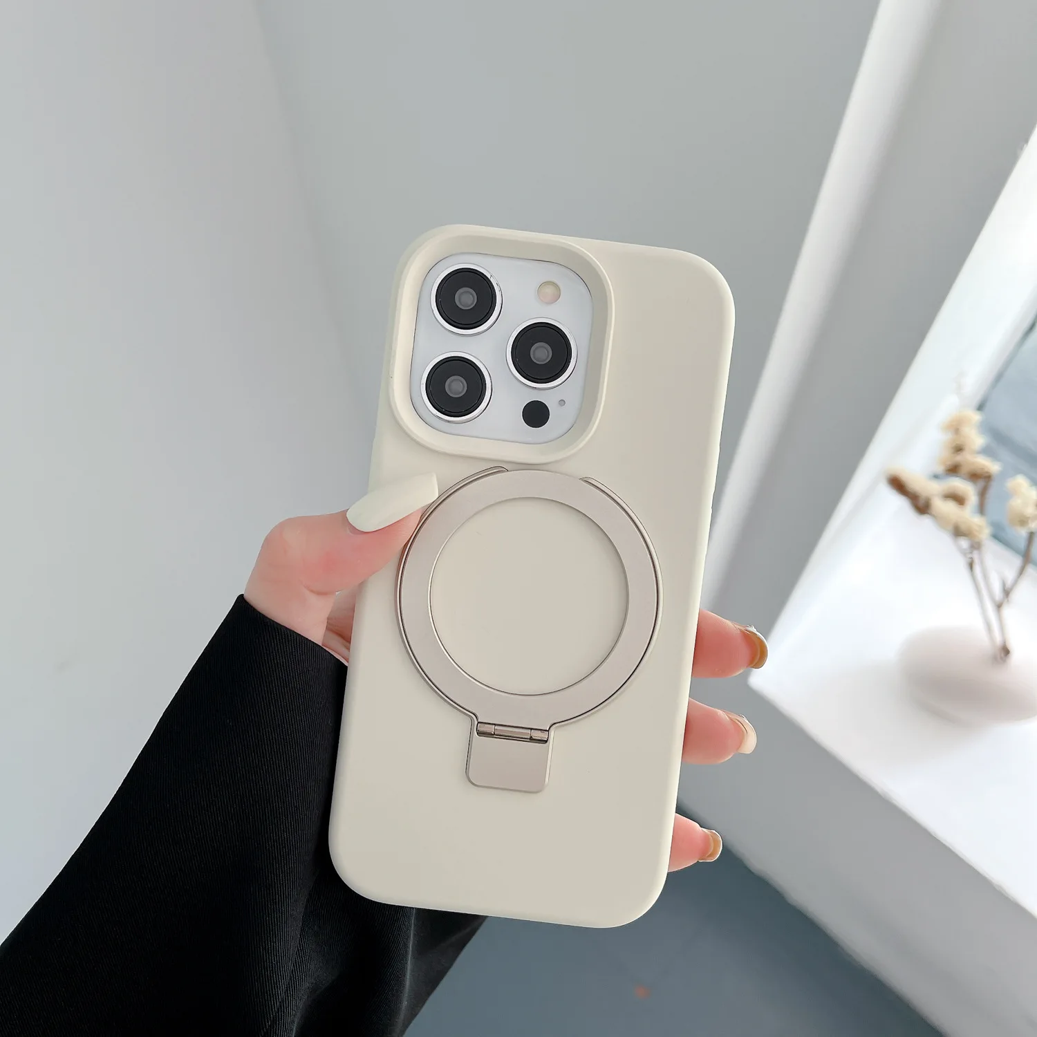 Устойчивый к падению чехол для телефона iPhone15 plus Magsafe с магнитным жидким силиконовым чехлом с держателем и металлическим кронштейном