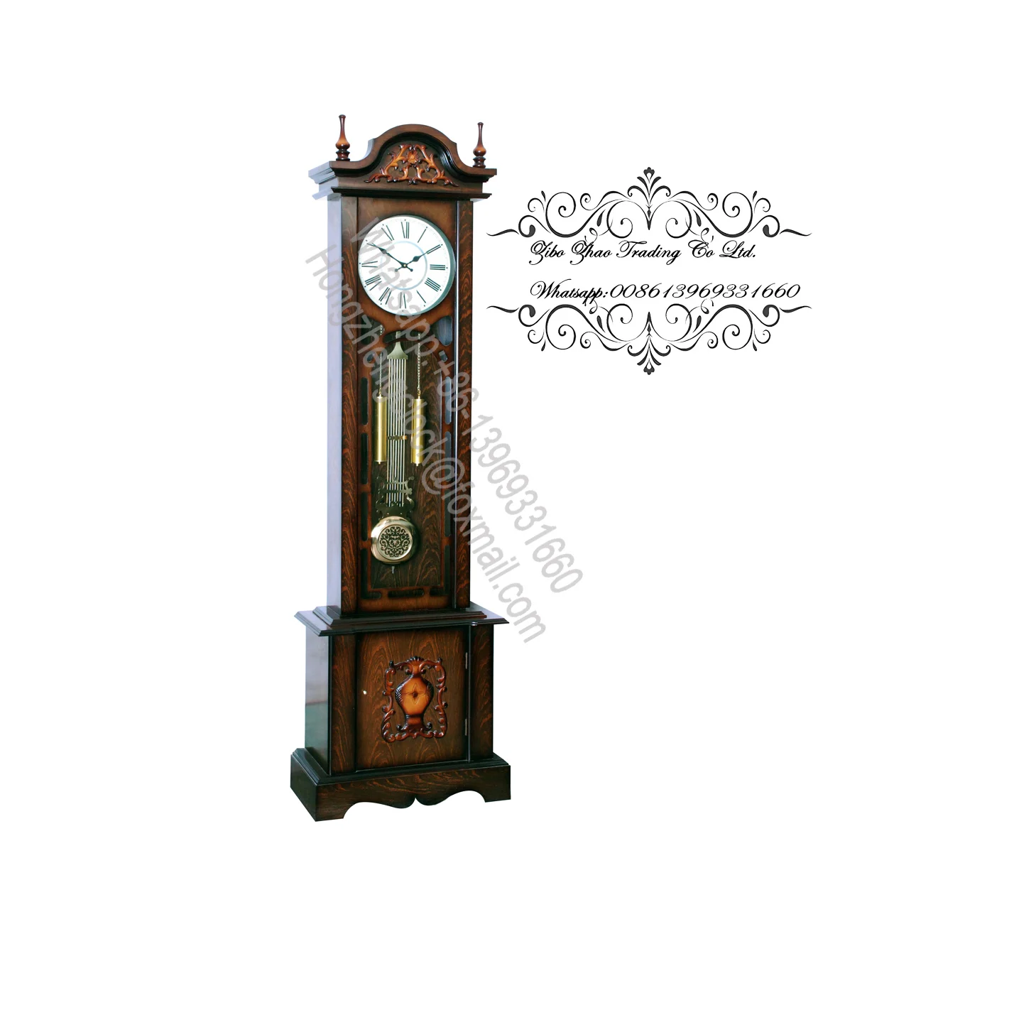 The weight shells are finished in brushed antique brass Grandfather clock made Hand-rubbed Windsor Cherry finish