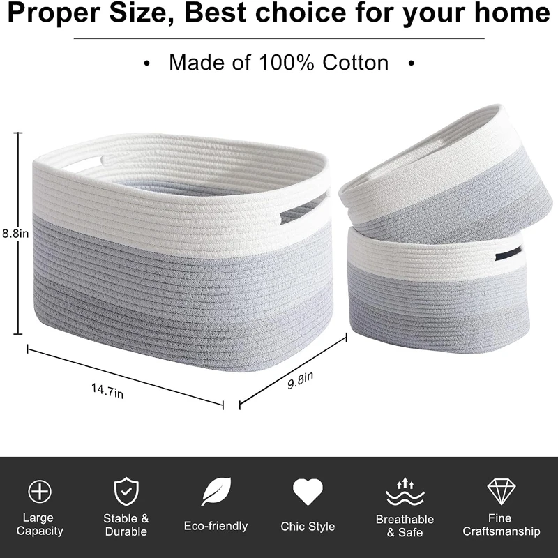Woven Cotton Rope Storage Baskets for Toys Clothes Organizer Clothing Storage Made of Fabric Cloth High Quality Pack of 3 Morden