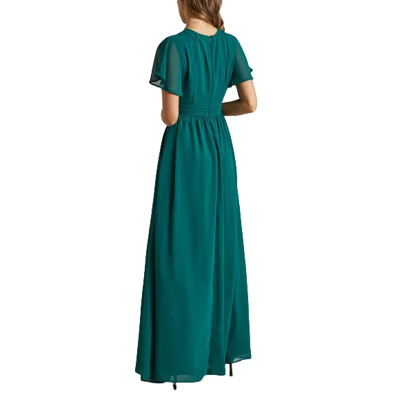 Emerald Green Dress Deep V Neck Ruffled Pleated Skirt Sexy Short Sleeve Party Maxi Dress