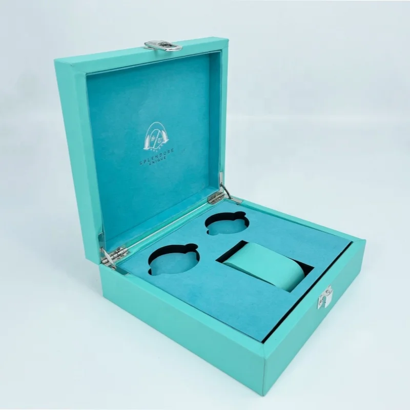 Изготовленный на заказ логотип Роскошная МДФ синяя искусственная кожа Подарочная коробка для парфюмерной упаковки деревянная часов